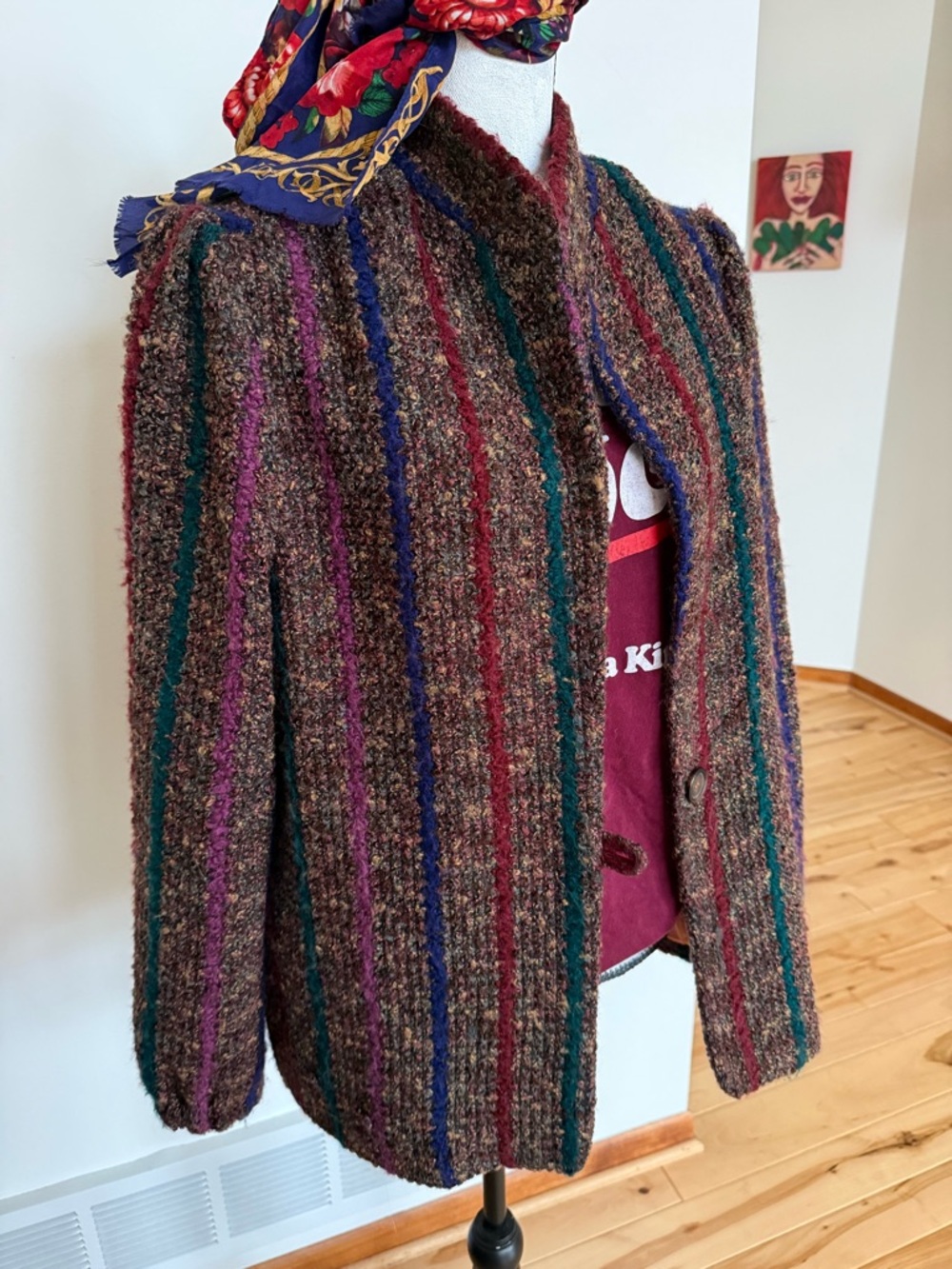 Grandma core Textured Striped Bouclé Jacket with Jewel-Tone Scarf - Picture 4 of 10